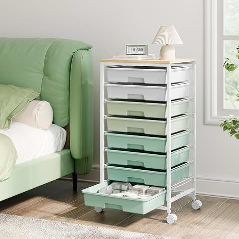 Storage cart with 8 drawers and wooden tabletop