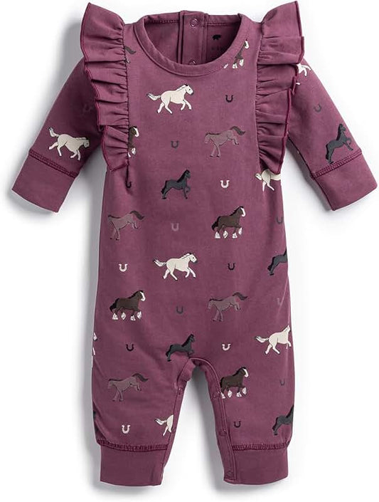 Ruffle Romper for 12-18 Months, Fall Horses, Organic Baby Clothes