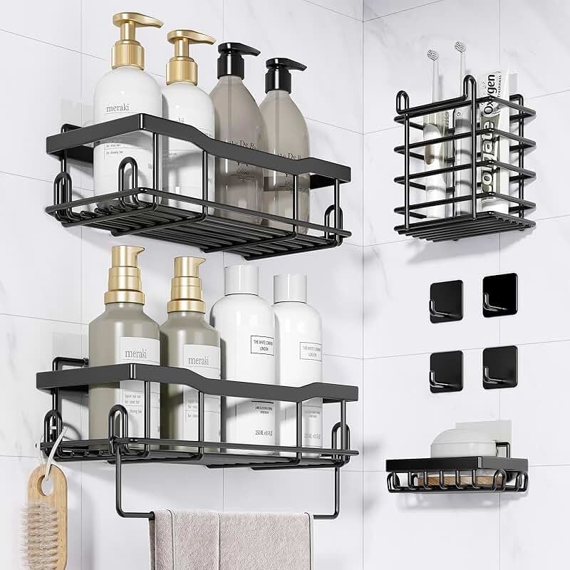 Large Capacity Adhesive Shower Organizer with Hooks