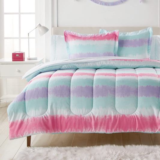 Kids 7-Piece Complete Set Easy-Wash Super Soft Microfiber Comforter Bedding, Full, Purple Multi Tie Dye Stripe