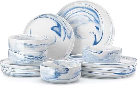 12-Piece Blue Marble Porcelain Dinnerware Set