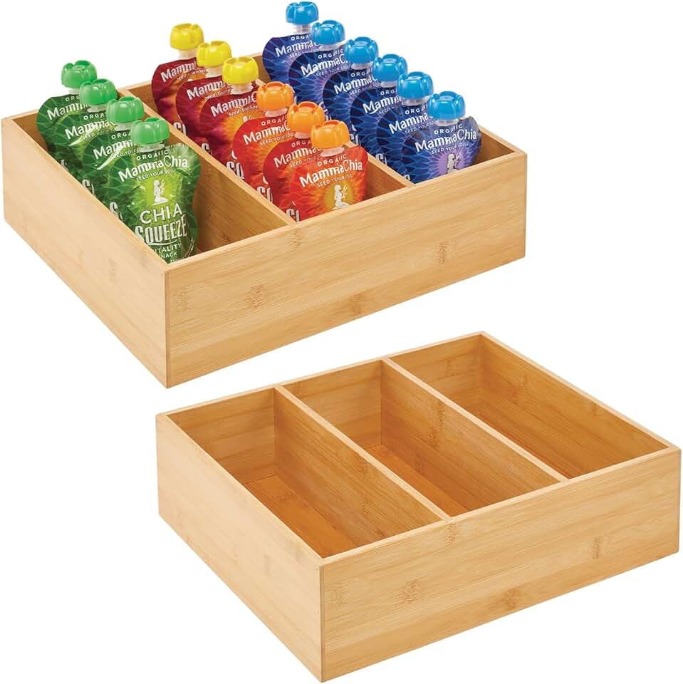Bamboo Pantry Organizer Bin Box, 3 Sections, 2 Pack