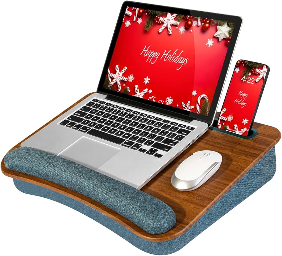 Portable lap desk with pillow, storage, and wrist rest