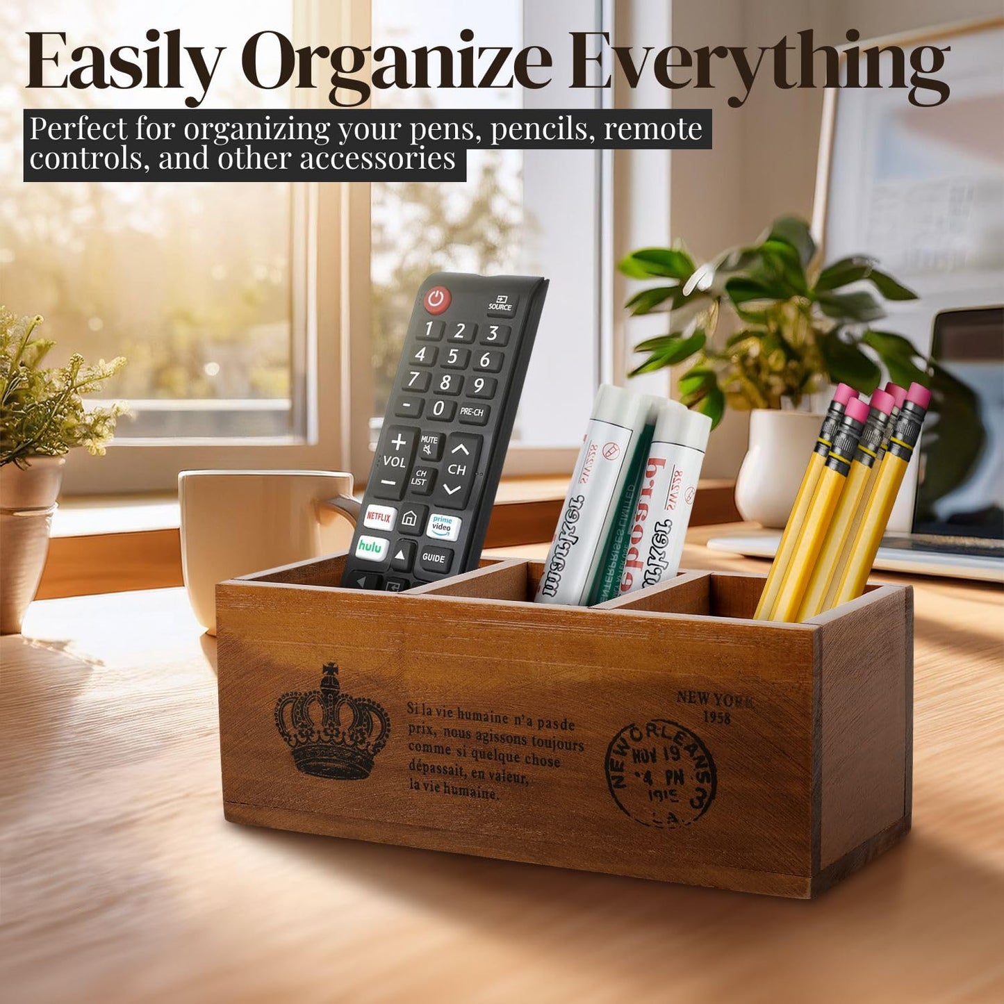 Rustic Wooden Pencil Holder with 3 Compartments
