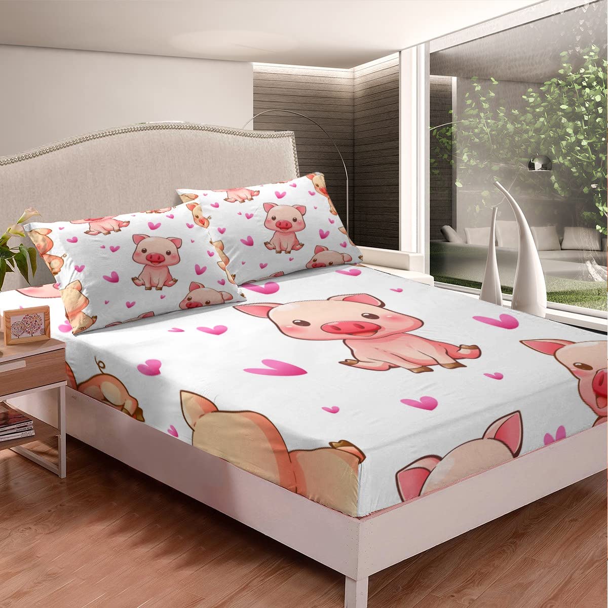 Kids Pig Bed Sheet Set Cute Animals Decor Bedding Sheets for Boys Girls Smily Square Faced Little Pigs Bedding Fitted Sheet Lovely Hearts Bed Cover with 1 Flat Sheet+1 Fitted Sheet+ 2 Pillowcase Full