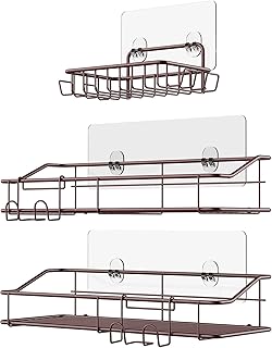 Three Brown Stainless Steel Shower Caddy Shelves with Hooks