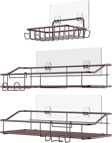 Three Brown Stainless Steel Shower Caddy Shelves with Hooks