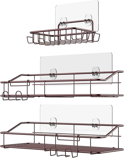 Three Brown Stainless Steel Shower Caddy Shelves with Hooks