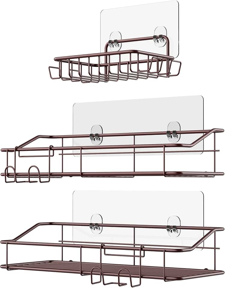 Three Brown Stainless Steel Shower Caddy Shelves with Hooks