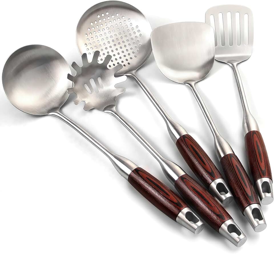 5-Piece Stainless Steel Cooking Utensil Set with Wooden Handles