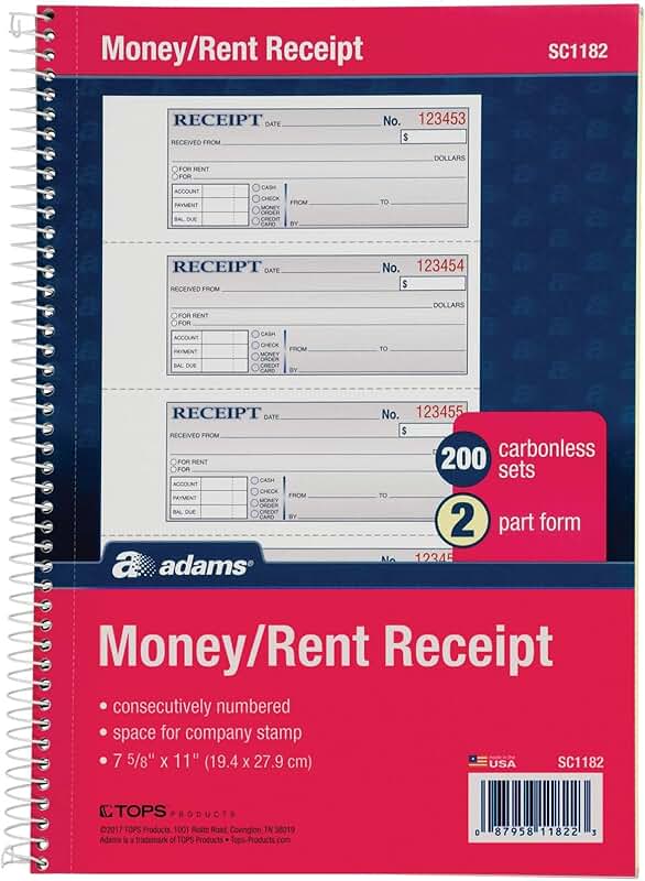Money and Rent Receipt Book, 2-Part, Spiral Bound