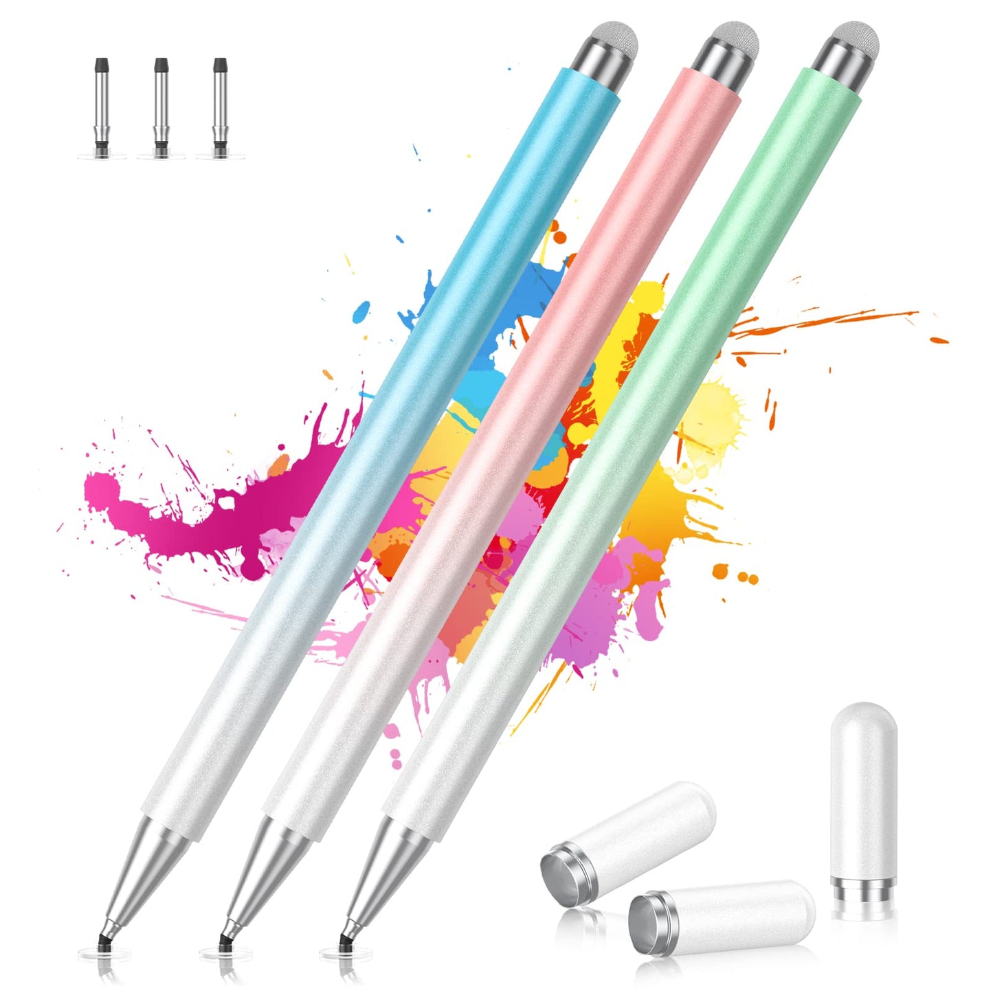 Stylus Pens for Touch Screens, 2 in 1 Magnetic Disc Stylus Pen for iPad with Magnetic Cap, Compatible with All Touch Screens (White Pink/White Blue/White Green)