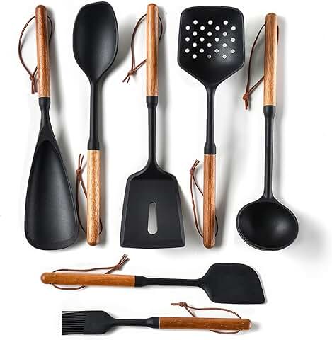 7-Piece Silicone Kitchen Utensil Set with Wooden Handles