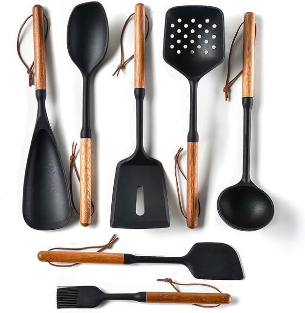 7-Piece Silicone Kitchen Utensil Set with Wooden Handles