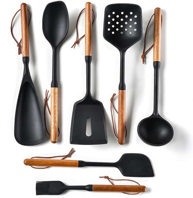 7-Piece Silicone Kitchen Utensil Set with Wooden Handles