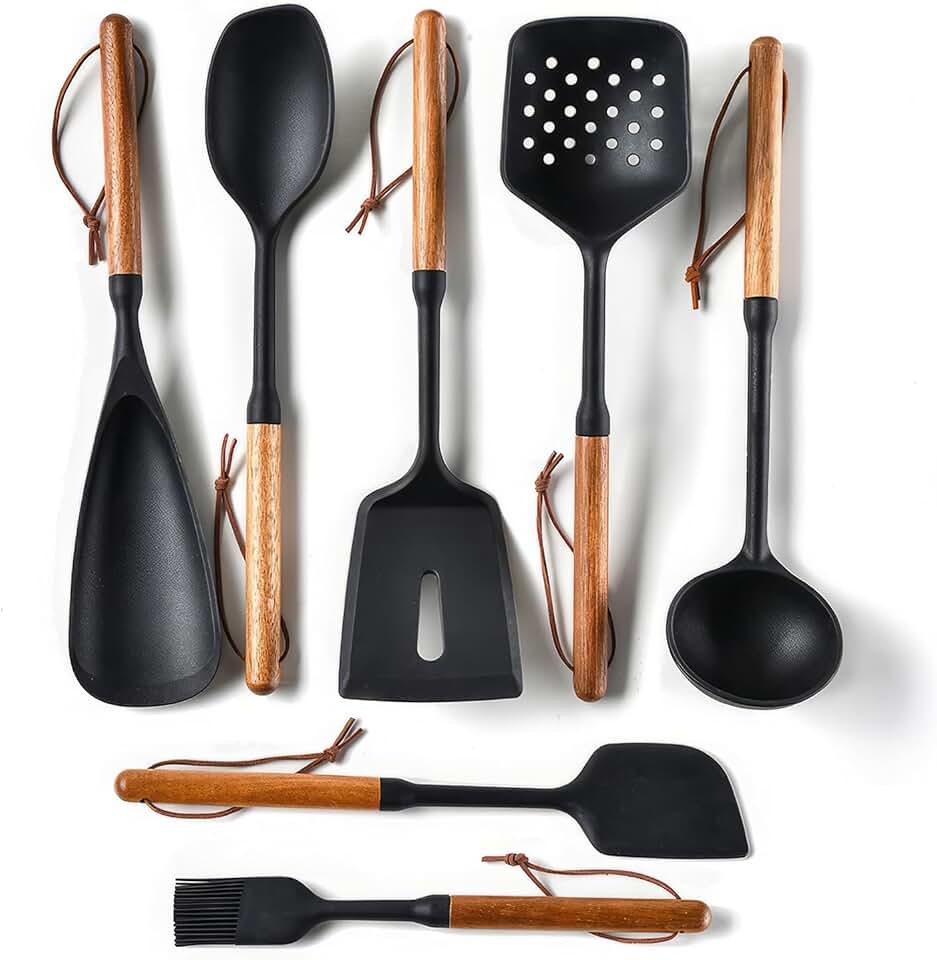 7-Piece Silicone Kitchen Utensil Set with Wooden Handles