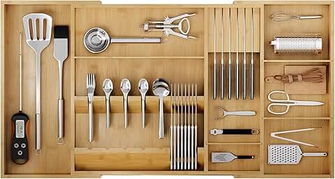 Expandable Bamboo Silverware Drawer Organizer with Slots