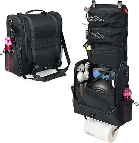 Portable Camping Kitchen Organizer with Pockets and Towel Holder
