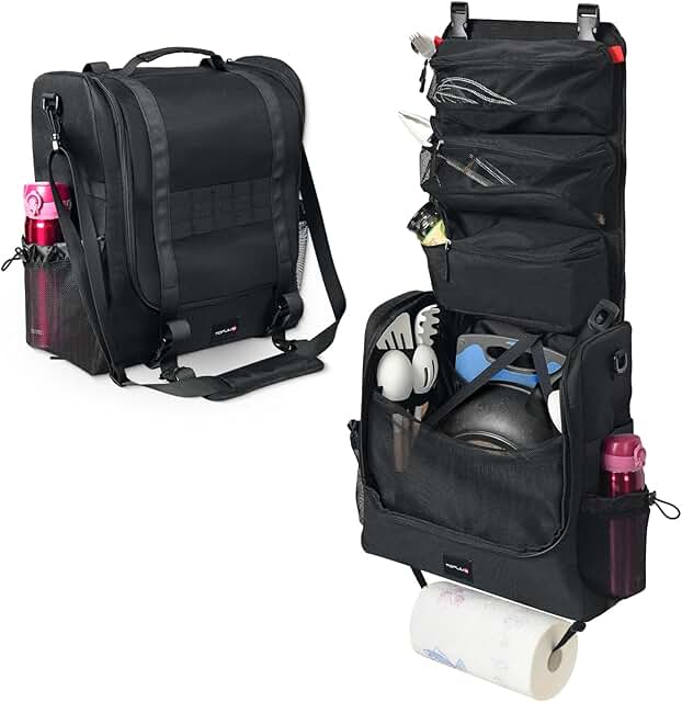 Portable Camping Kitchen Organizer with Pockets and Towel Holder
