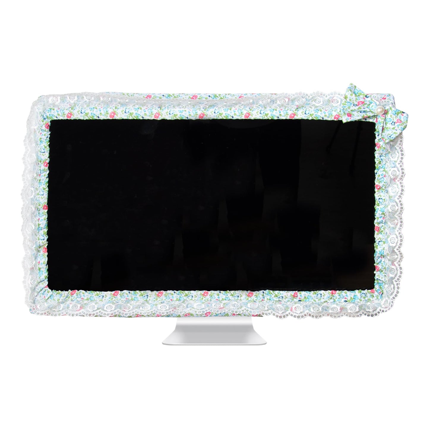 Green 24-inch lace fabric monitor cover with elastic pen pocket and bow-knot design