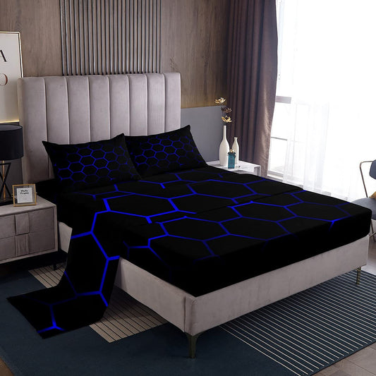 Boys Cartoon Honeycomb Bed Sheets Geometry Hexagon Sheet Set for Kids Teens Girls Colorful Grid Art Neon Decor Bed Set Blue Black Sheets Bedroom 4Pcs Full Size