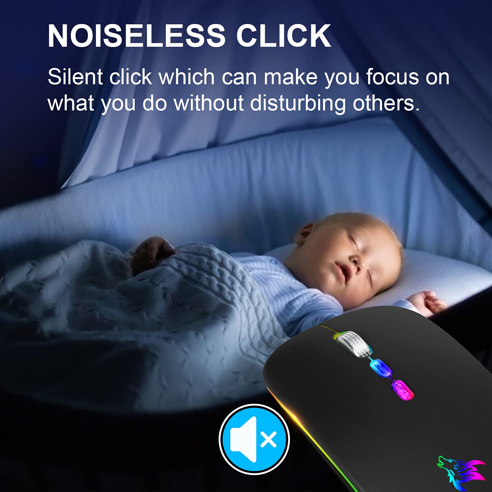 LED Wireless Mouse, Slim Rechargeable Silent Bluetooth Mouse, Portable USB Optical 2.4G Wireless Bluetooth Two Mode Computer Mice with USB Receiver and Type C Adapter (Black)