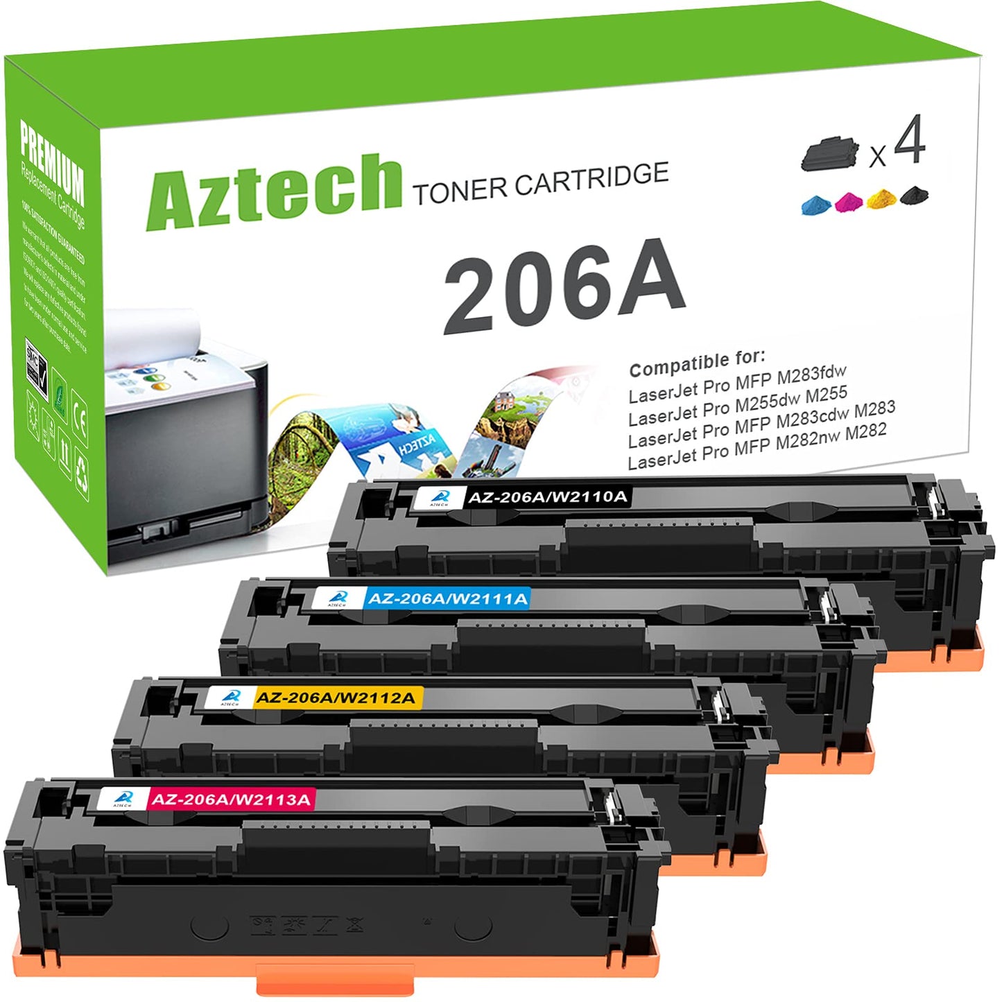 Compatible Toner Cartridge Replacement for HP 206A W2110A 206X W2110X for HP Color Pro MFP M283FDW M255DW M283CDW M283 M255 Printer Ink (Black Cyan Yellow Magenta, 4-Pack)