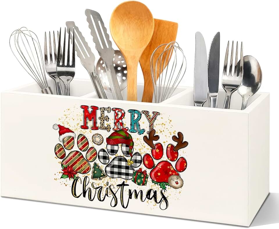 Merry Christmas Paws Kitchen Utensil Holder with 3 Compartments