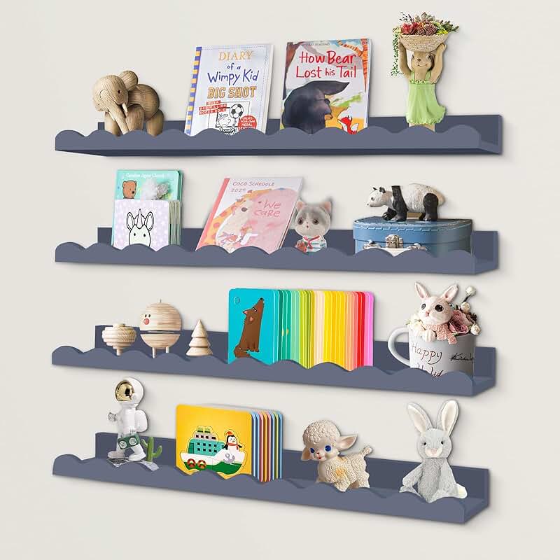 Set of four scalloped wall shelves for nursery and kids' rooms