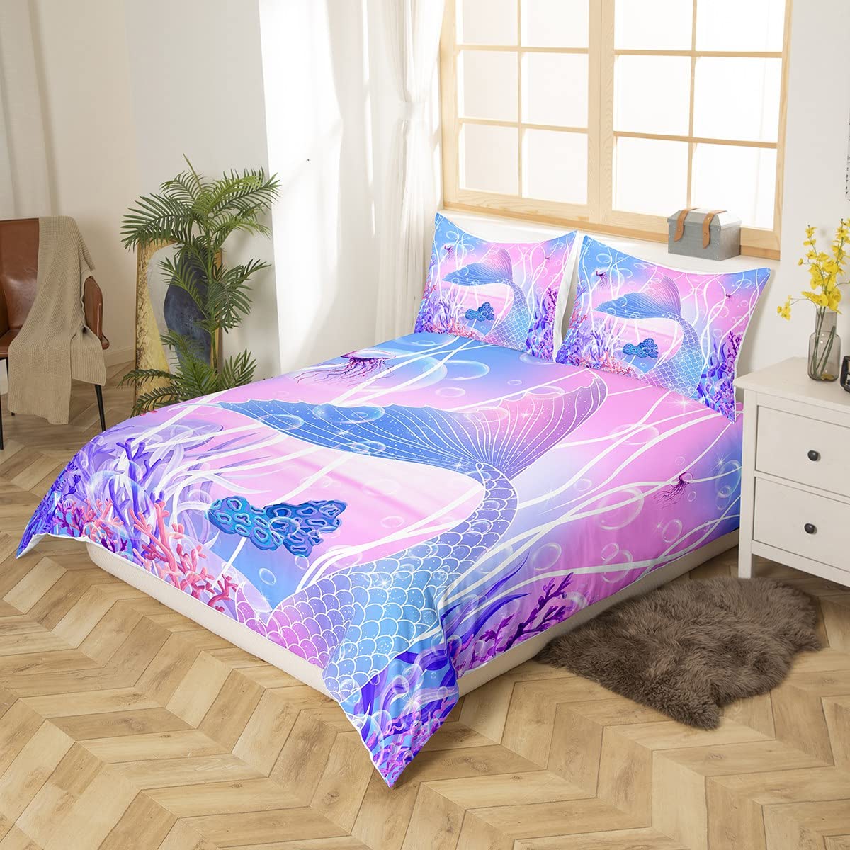 Mermaid Tail Bedding Set, l Sea Animal K aii Duvet Cover Twin Size for Kids Child,Fish Scale Comforter Cover Ocean Sealife Bed Sets Blue Purple Coral Se eed Bedroom Decor