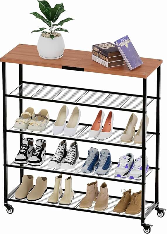 Large 5-Tier Shoe Rack with Casters and Steel Frame