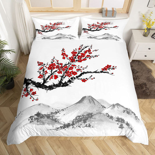 Style Comforter Cover Red Cherry Blossoms Bedding Set Mount Fuji Duvet Cover Ink Painting Black White Pattern Bedspread for Adult Women Teen Girls Soft Microfiber Quilt Set, Queen