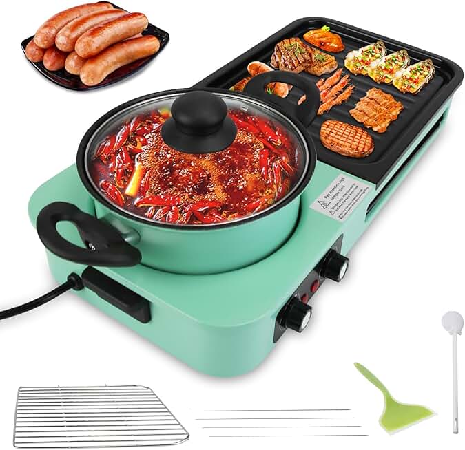 Electric Hot Pot with Grill, 1600W, 3-in-1 Smokeless Non-Stick Barbecue