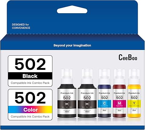 Refill Ink Bottles for Epson 502, 2 Black, Cyan, Magenta, Yellow