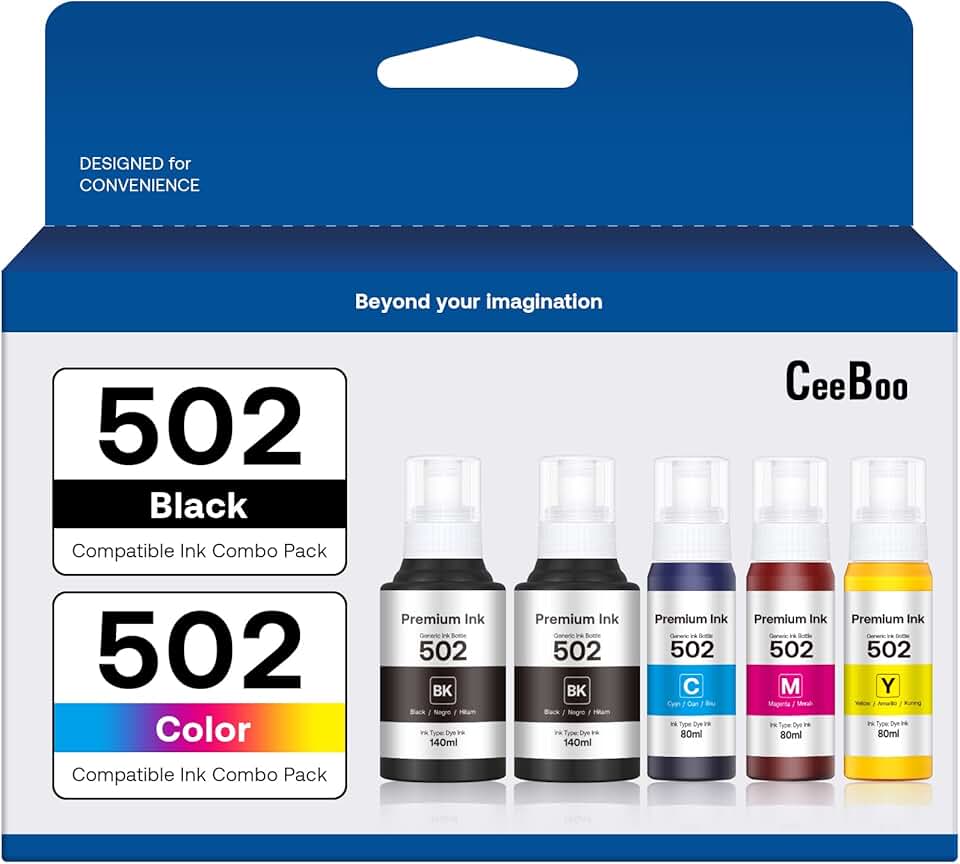 Refill Ink Bottles for Epson 502, 2 Black, Cyan, Magenta, Yellow