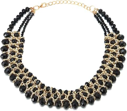 Black Faceted Crystal Bead Necklace with Gold Chain