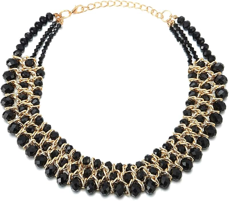 Black Faceted Crystal Bead Necklace with Gold Chain