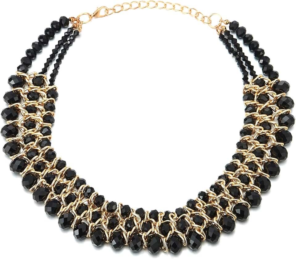 Black Faceted Crystal Bead Necklace with Gold Chain