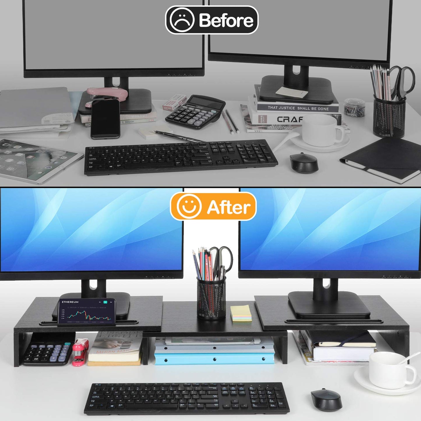 Dual Monitor Stand -Adjustable Length and Angle, Dual Monitor Riser, Computer Monitor Stand w/2 Slot, Desktop Organizer, Monitor Stand Riser for PC, Computer, Laptop (Black)