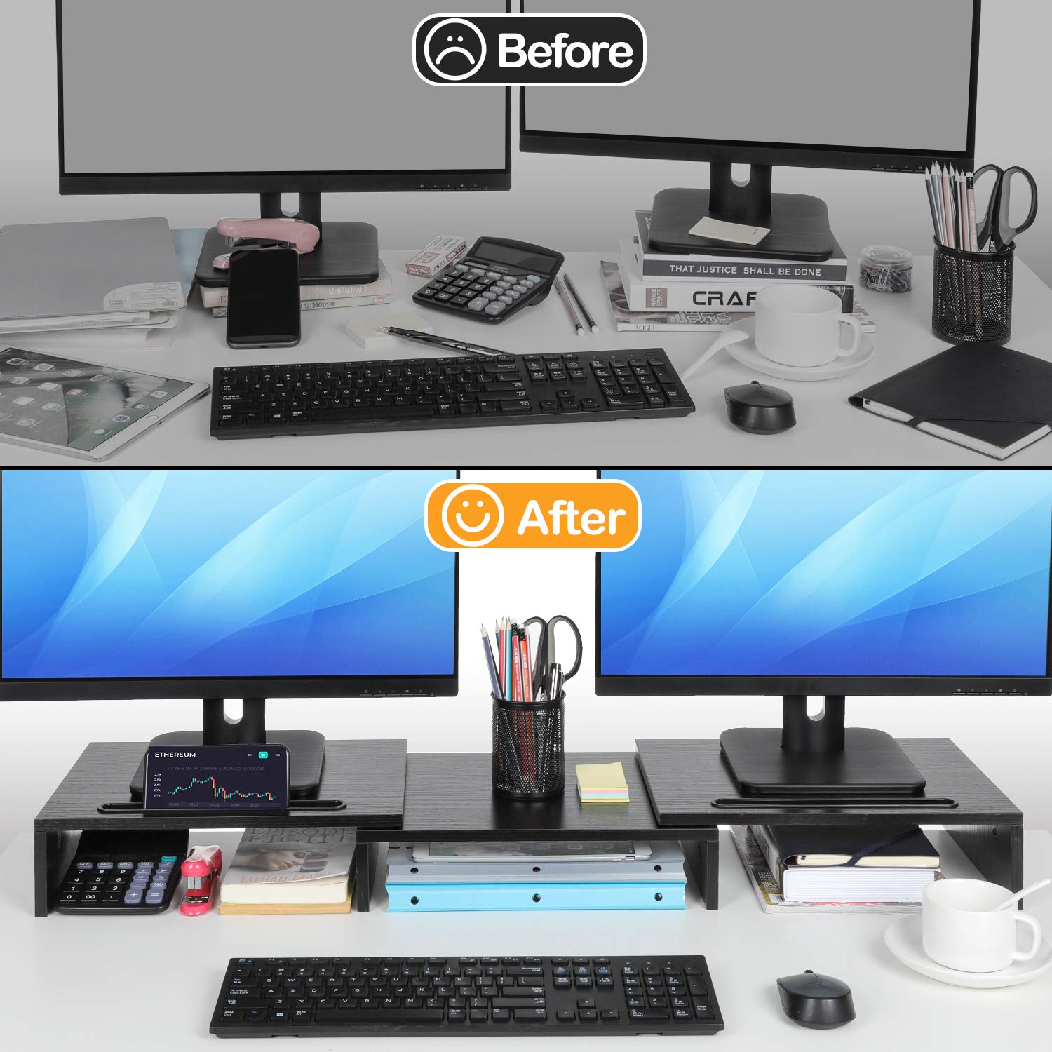 Dual Monitor Stand -Adjustable Length and Angle, Dual Monitor Riser, Computer Monitor Stand w/2 Slot, Desktop Organizer, Monitor Stand Riser for PC, Computer, Laptop (Black)