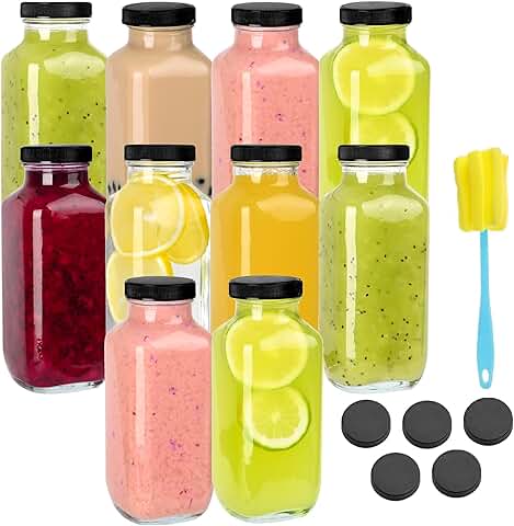 Set of 10 reusable 16oz glass juice bottles with lids