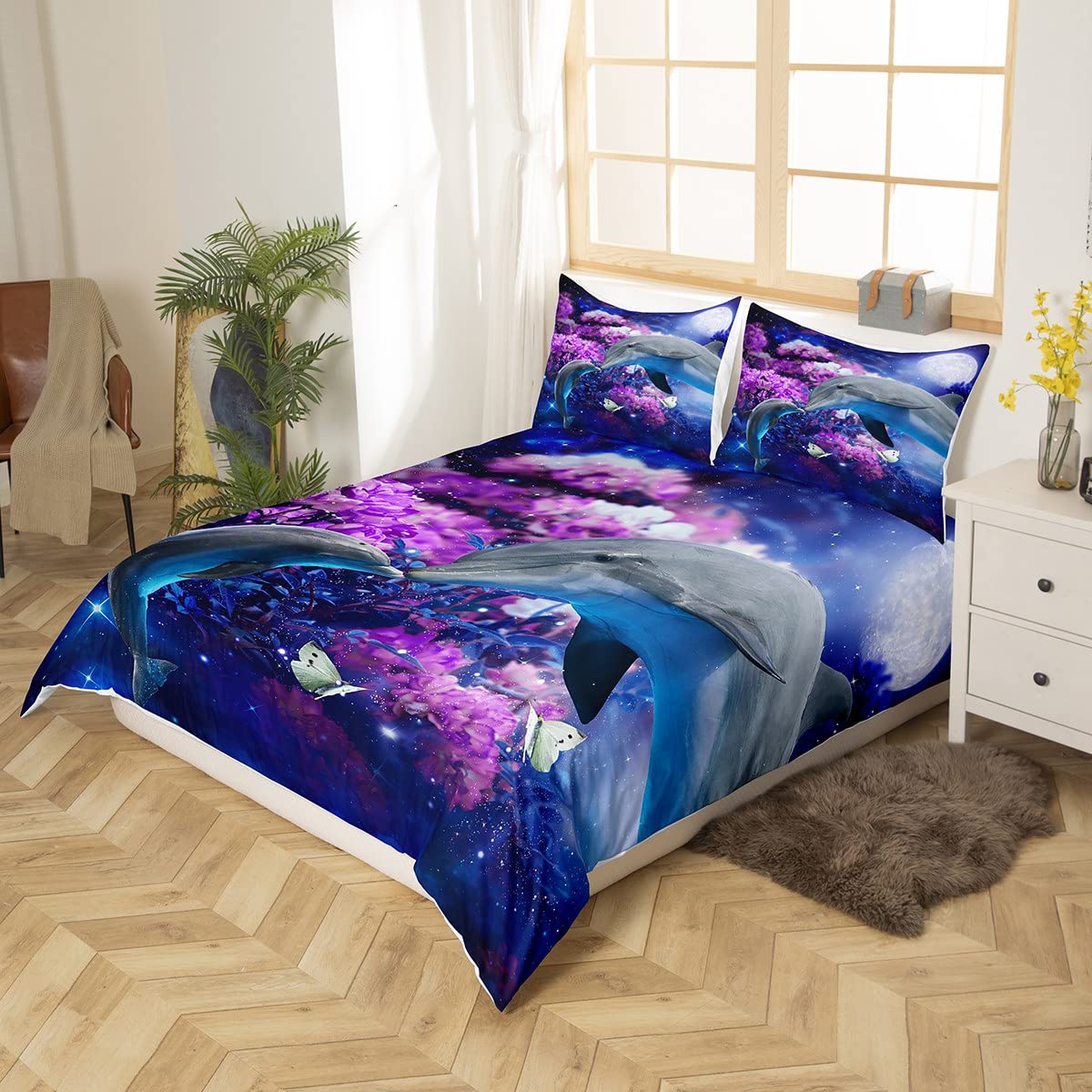 Cute Dolphin Duvet Cover Set Twin Size Purple Flower Print Comforter Cover Sea Animal Theme Bedding Set 2pcs for Kids Boys Girls Room Decor, Underwater Sealife Bedspread with 1 Pillowcase