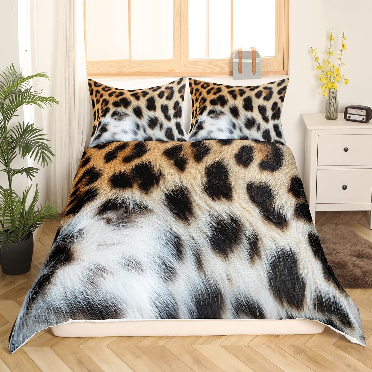 Leopard Spot Duvet Cover Cheetah Bedding Set Twin,Leopard Print Comforter Cover Wild Animal Hide Quilt Cover For Boys Man Novelty Big Cat Wildlife Fur Hair Bedroom Decor,Brown Black White