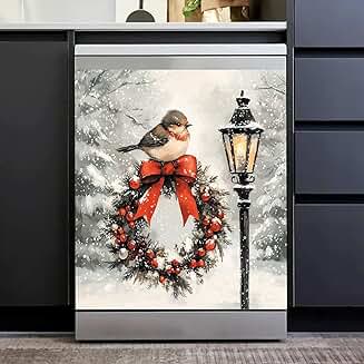 Snow Scene Christmas Wreath Bird Magnet for Appliances