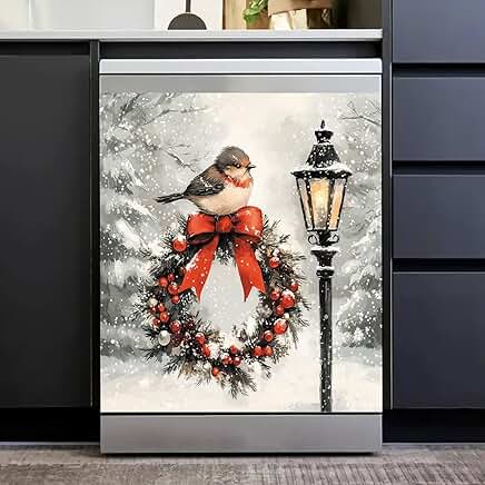 Snow Scene Christmas Wreath Bird Magnet for Appliances