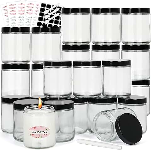 24 Clear Glass Jars with Black Lids, 8 oz
