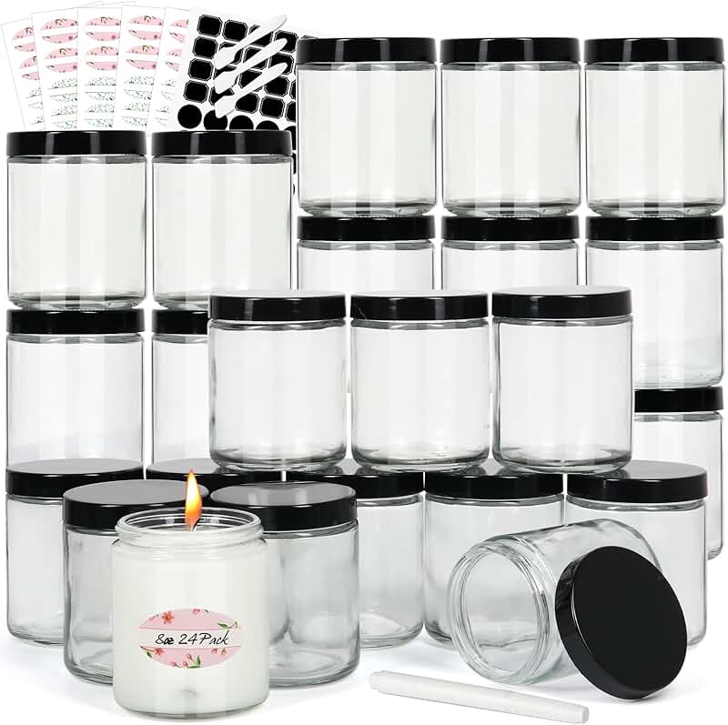 24 Clear Glass Jars with Black Lids, 8 oz