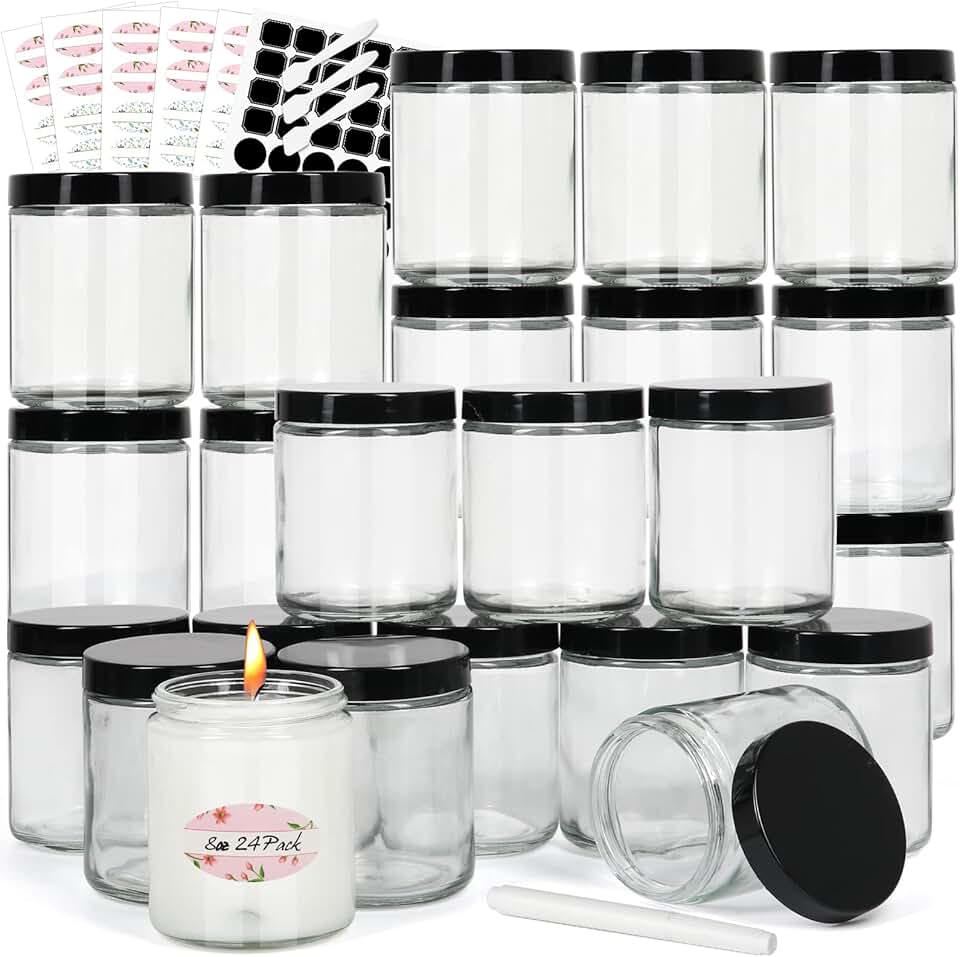 24 Clear Glass Jars with Black Lids, 8 oz