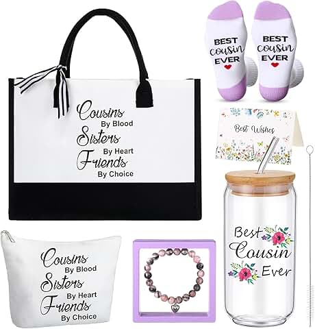 7 Pack Christmas Cousin Gift Set with Tote, Cup, Socks, Bracelet, and Card
