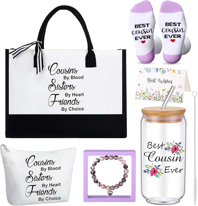 7 Pack Christmas Cousin Gift Set with Tote, Cup, Socks, Bracelet, and Card